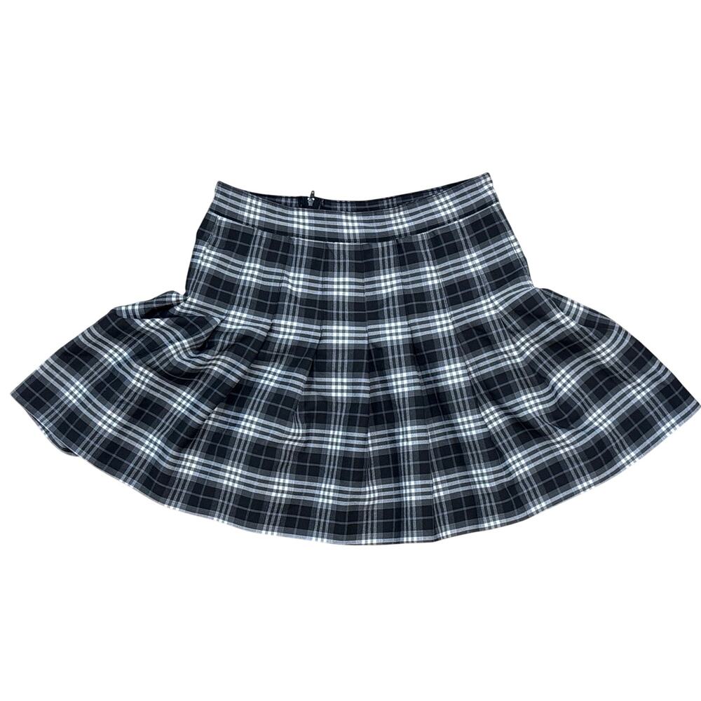 Love Tree Black grey checked plaid mini skirt pleated medium short